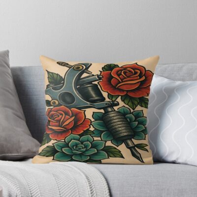 Tattoo Artist Roses Machine Drawing Throw Pillow