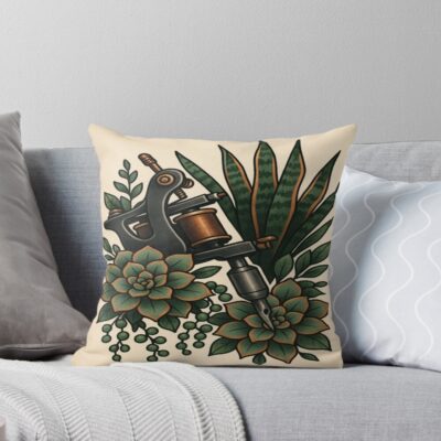 Tattoo Artist Succulent Machine Drawing Throw Pillow